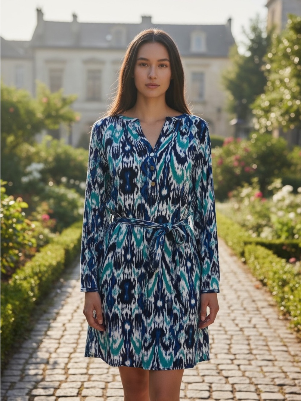 Banana Republic Blue & Teal Ikat Long-Sleeve Belted Dress
